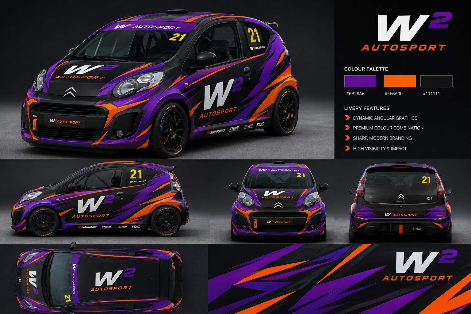 W² Autosport Citroën C1 livery concept board showing purple, orange and black designs from multiple angles